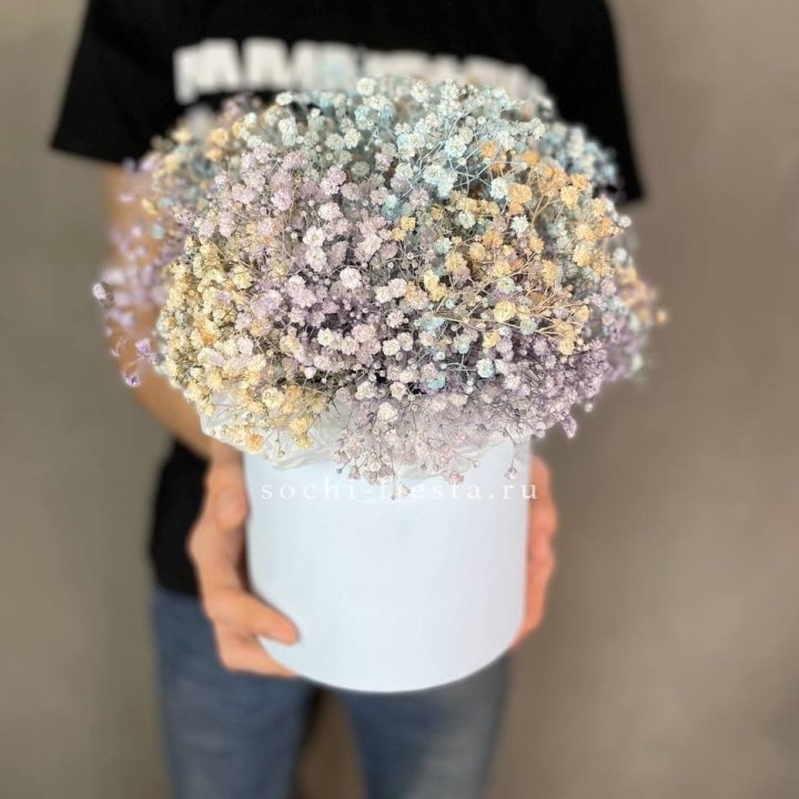 9 Радужных гипсофил в шляпной коробке в Новочеркасске