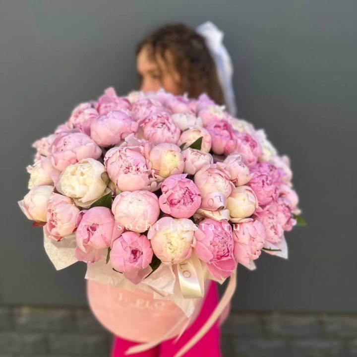 51 нежных пионов  в цилиндре в Новочеркасске